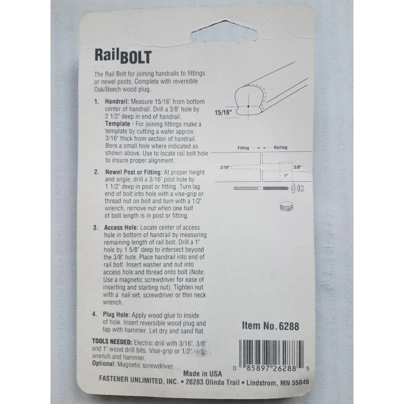 FASTENER UNLIMITED RAIL BOLT TEM NO. 6288 OAK/BEECH REVERSIBLE PLUG