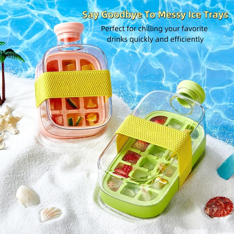 Ice Cube Bottle with Straw,2 in 1 Water Bottle Ice