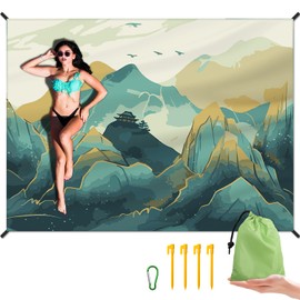 Beach Blanket Waterproof Sandproof Large Beach Mat 83" X 106" for 5-7 Adults Sand Free Mat Quick Drying,Oversized,Lightweight & Durable with 4 Stakes & 4 Corner Pockets for Beach Camping .(Mountain)