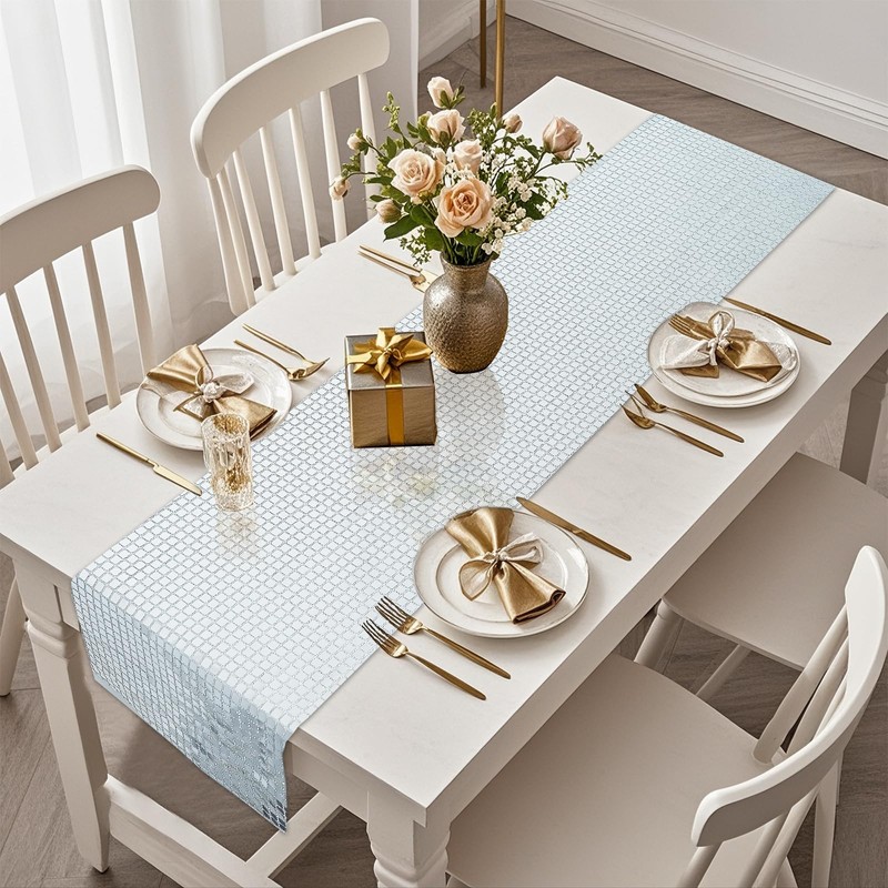 Eternal Beauty 48 Inches Long Sequin Glitter Silver Table Runner