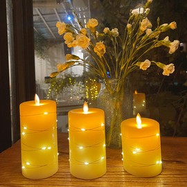 Flameless Candles,Battery Operated Candles,LED Candles.Battery Candles with String Lights.Flickering Candles with Remote and Timer.for Seasonal and Festival Celebration’s Candles Set of 3.