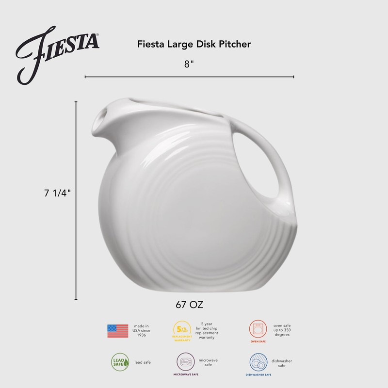 Fiesta® Large Disk Pitcher 67.25 oz – Durable Ceramic, Lead-Safe,