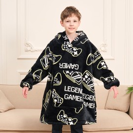 Game Controller Wearable Blanket Hoodie for Boys Gamer Oversized Hoodie for Kids (Gamer-Black, 12-13 Years)