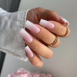 KQueenest Ombre Pink Press on Nails Long Square, French Tip False Nails Long Medium Coffin, Natural Gradient Color Fake Nails Set, Reusable Gel Stick on Nail for Women Finger Daily Wear 24 Pcs