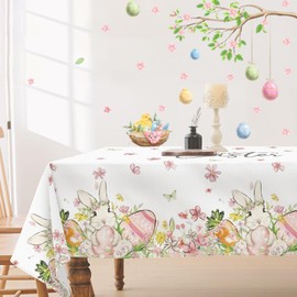 DISENB Easter Tablecloth 60 x 84 Inch, Bunny Egg Flowers Happy Easter Table Cloth, Stain and Wrinkle Resistant Washable Rectangle Table Cover for Spring Holiday Party Picnic Dinner Table Decor