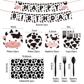 177pcs Cow Theme Birthday Party Decorations Set - Includes Pink & Black Plates, Cups, Napkins, Tablecloth, Banner, Plastic Cutlery (Forks, Knives, Spoons) - Perfect For Cow Print Party Supplies