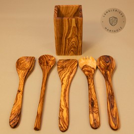 DAS OLIVENHOLZBRETT® Besteckhalter/Köcher 16cm incl. 5er Set Pfannenwender/Kochlöffel, Löffel mit Ecke + Salatbesteck Olivenholz/Holzlöffel/Küchenutensilien Holz Set/Kochlöffel Set 30cm