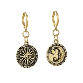 Celestial Sun Star Moon Earrings Vintage Bohemian Dangle Drop Earrings Creative Design Asymmetric Sun Moon Face Earrings Antique Gold Silver Round Coin Earrings Boho Hoop Earrings Greek Mythology Asymmetric Drop Earrings for Women (Gold)