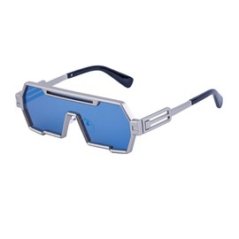 Junsika Retro Steampunk Sunglasses for Men Trendy Cool Design One Piece Irregular Metal Frame Blue Sunglasses