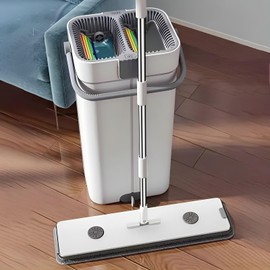 CTIME 40" Oversized Mop and Bucket Set with 7-Layer Scrapers,Flat Mop with Wringer Set for Home,Wet Dry Mop with Long Handle for Wall,Floor Cleaning Mop with 4 Washable Microfiber Pads