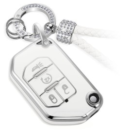 CTRINEWS for Jeep Key Fob Cover with Luxury Diamond Bling Braided Rope Keychain, Upgraded Soft Case for Jeep Wrangler Rubicon Gladiator JL JLU JT Sahara JLU Flip (4 buttons) Fob Shell (Silver, C1)