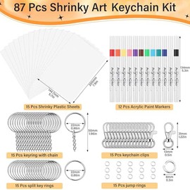 Flasoo Kit de 87 piezas de hojas de plástico retráctil, incluye 15 hojas de papel de arte retráctil, marcadores de pintura acrílica, llaveros para manualidades creativas y fabricación de llaveros