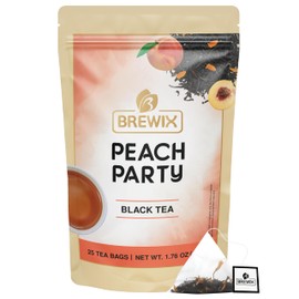 BREWIX, Peach Party (25 Pyramid Tea Bags) | Black Tea with Peach | Premium Black Tea with Peach | Floral & Refreshing Peach Tea Bags | Iced Tea Bags | Caffeinated And Sugar-Free