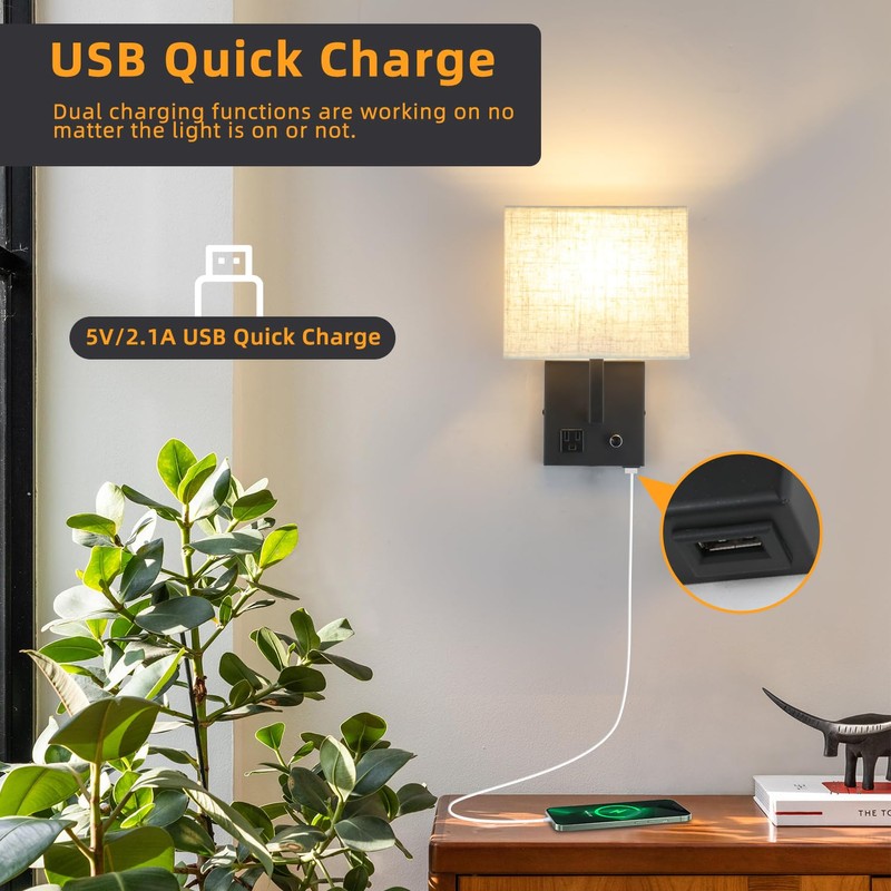 wkeessee Bedside Wall Mount Light with Outlet and Dimmable Switch,