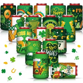 Umigy 16 Pcs St. Patrick's Day Beer Can Coolers Sleeves Irish Shamrock Beer Can Coolers Soft Insulated Bulk for Soda Cover Collapsible for Favors Parties Beer Water Bottles