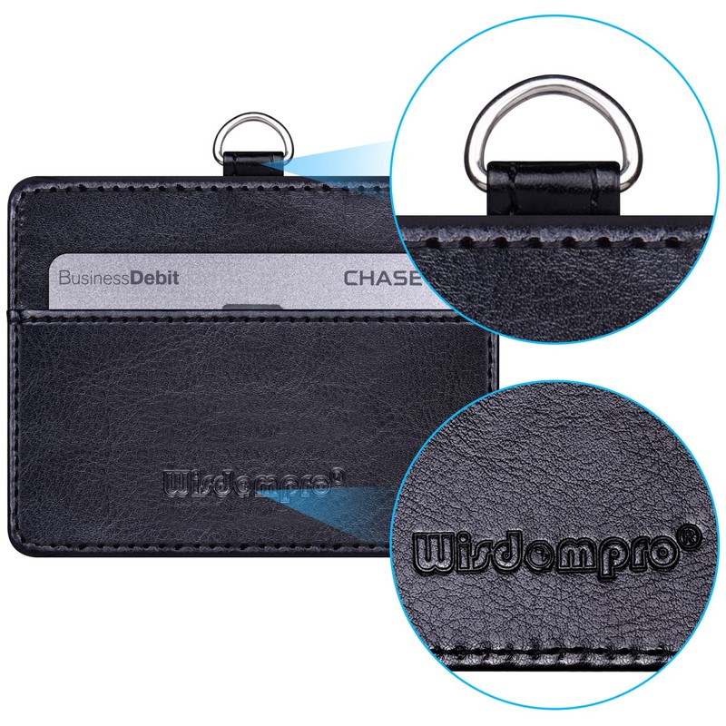 Wisdompro Horizontal ID Card Holder, PU Leather, Double-Sided, Adjustable, Neck