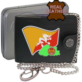 Bhutan Flag Bhutanese Map and Coat of Arms COA KLASSEK Mens Wallet with Chain Real Leather RFID Blocking with Coin Pocket and Metal Gift Box