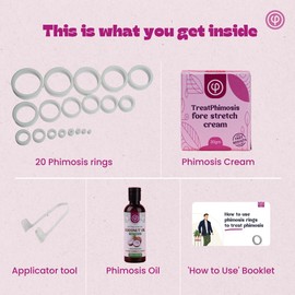 Phimosis Pro Kit with 20 x Phimosis Rings 1 x Phimosis Cream 1 x Phimosis Oil 1 x Track Sheet 1 x Instructions Phimosis Home Kit Proven Results Medical Grade