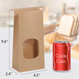 Eupako 4.5x2.36x9.6" Bakery Bags With Window - 50 PCS Brown Tin Tie Tab Lock Kraft Paper Bags for Cookies, Coffee - Includes 50 PCS Handmade Stickers