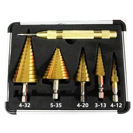 Genossen Step Drill Set, 6 Pieces HSS Step Drill Set, 5 Pieces Taper Drill Bits (4-12 mm, 3-13 mm, 4-20 mm, 4-32 mm, 5-35 mm) and 1 Automatic Central Punch 13 cm, Conical Cutting Drill, Titanium