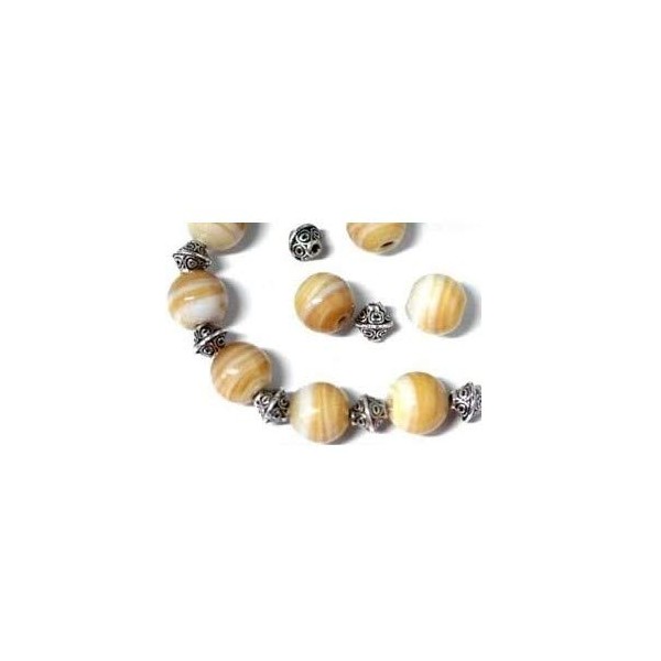10 x Topaz Round Stripey Glass Beads 10mm + **10 FREE!! Antique Silver Plated SPACERS** "Part Of The Topaz Collection" (Ref2B10)