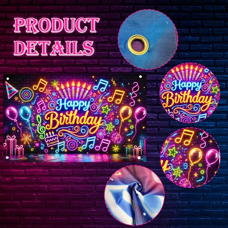 Qpout Neon Birthday Backdrop Glow in the Dark Party Banner