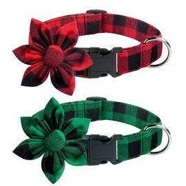 Malier 2 Pack Christmas Dog Collar with Flower, Classic Buffalo Plaid Dog Christmas Collar with Durable Buckle Pet Collars for Small Medium Large Dogs Cats Pets (Large, Red + Green)