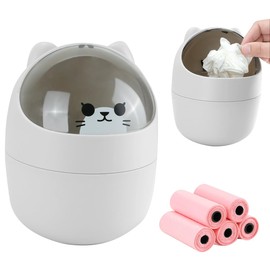 IBEQUEM Mini Table Rubbish Bin with Lid, Cute Cartoon Table Rubbish Bin, Portable Removable Table Waste Bin with 5 Rolls of Rubbish Bags for Offices, Children's Room, Dressing Table, Living Room