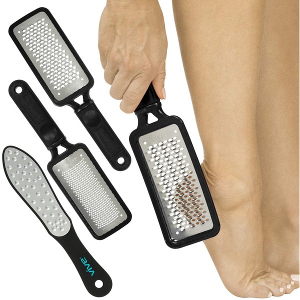 Vive Foot File (3 Pack) - Callus Remover Pedicure Tool Kit for Men, Women Care - Dead Skin Heel Scrub Shaver and Rough Patch Eliminator Remover for Dry and Wet Toe and Feet Peel - Rasp Scrubber Blade