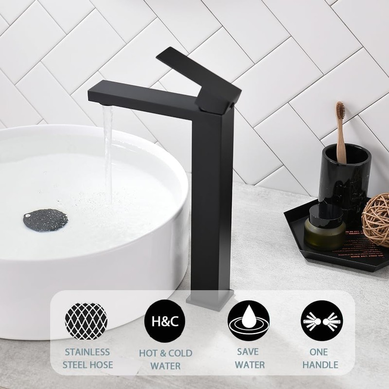 Bathroom Sink Faucet, Matte Black Tall Vessel Sink Faucet, Single