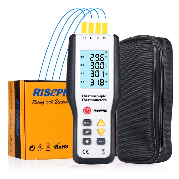 Thermocouple Thermometer, RISEPRO 4 Channel K Type Digital Thermometer Thermocouple -200~1372°C/2501°F Sensor HT-9815