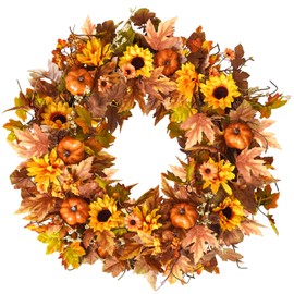 Uieke 28 Inch Fall Wreath for Front Door Outside Large Artificial Autumn Wreath with Orange Red Pumpkins Maple Leaves Berries Fall Decoration for Home Farmhouse Door Wreath for Harvest Thanksgiving