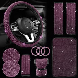 JINGSEN 11 Pcs Bling Car Accessories Set,Bling Car Accessories Set for Women, Bling Steering Wheel Cover for Women Universal Fit 15 Inch, Rhinestone Center Console Cover(Pink)