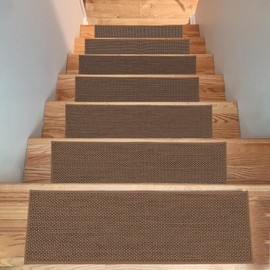 Natural Linen Non Slip Stair Treads, 15 Pack 8" X 30" Carpet Stair Treads with Reusable TPE Adhesive Backing, Non Slip Stair Runner Indoor for Kids Elders and Pets, Machine Washable, Brown Weave
