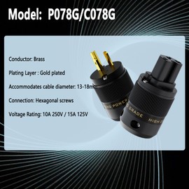 Preffair 1 Pair Brass Gold Plated Power Plug Hi-End US AC 3 Pin Male Power Plug IEC320 C15/13 Female Connector for Audio Grade Power Cables DIY HiFi 10A/250V~15A/125V (P078G/C078G)
