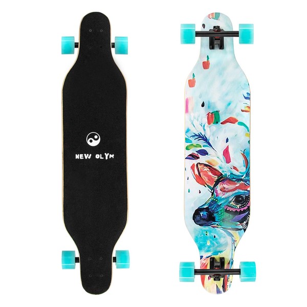 New Olym Longboard Skateboard, 41 Inch 8 Layer Canadian Maple Drop Through Longboards for Youths Beginners (Blue Ice Club)