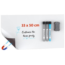 Unicife Magnetic Whiteboard for Fridge, 33 x 50 cm, Magnetic Dry Erase Board for Fridge, Large White Board Sheet with 3 Markers & 1 Eraser, Blank Refrigerator Whiteboard for Home Kitchen Office