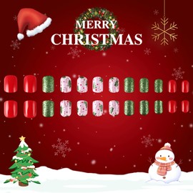 Christmas Press on Nails Short Red Green Glitter Fake Nails Square False Nails with Christmas Tree Candy Designs Acrylic Nails Xmas Glue on Nails Glossy Short Artificial Nails Stick on Nails for Women