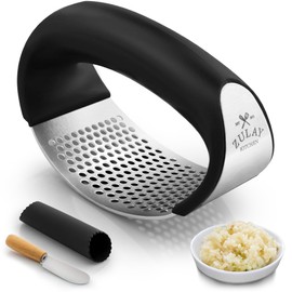 Zulay Kitchen Stainless Steel Garlic Press Rocker Set - Premium Garlic Mincer Garlic Crusher - New Innovative Garlic Crusher with Peeler and Scraper - Comfortable Grip (Black)