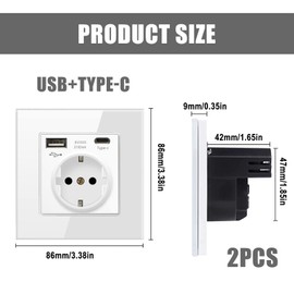Pack of 2 16 Amp Schuko Socket with USB, Single Socket with USB, Protective Contact Wall Socket, Simple with Glass Frame, USB Socket Flush-Mounted in White, Type C Port Max. 3.1 A