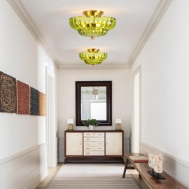 JERANDO Semi Flush Mount Ceiling Light, Modern Gold Ceiling Light with Green Glass,3 Lights Close to Ceiling Light Fixtures for Bedroom, Dining Room, Kitchen, Living Room, Entryway, Hallway
