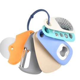 Portable Kitchen Gadget 6 Pieces, Space Saving Kitchen Accessories with a Combination Buckle, Cheese Grater, Bottle Opener, Peeler, Pizza Cutter, Garlic Grinder, Stainless Steel Camping Accessories