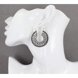 Silver earrings hoops filigree medallion dangle disc earrings door knocker hinged hoop huggie antiqued silver 1.5 inches wide