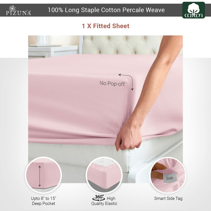 Pizuna Cotton Percale Single Fitted Sheet Light Pink,100% Long Staple