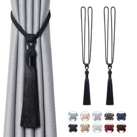 Pretty Jolly 2 Pack Long Tassel Curtain Tiebacks Handmade Braided Rope Knot Drape Tie Backs European Style Decorative Curtain Holdbacks for Home & Office Window Drapery (Black)