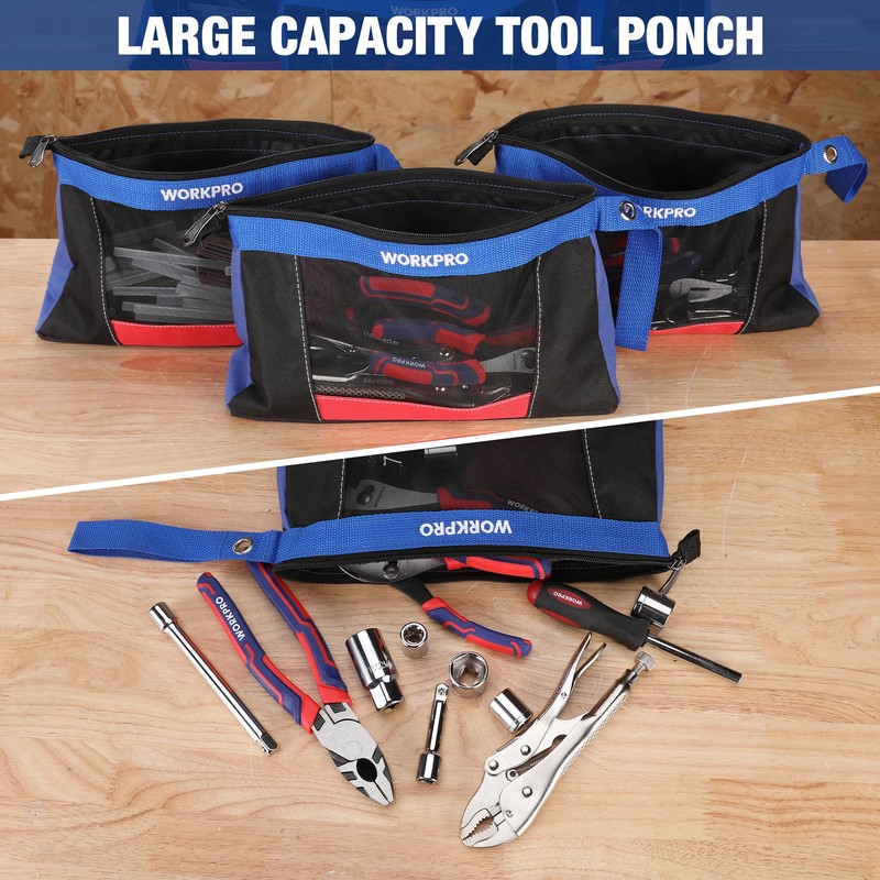 WORKPRO 12" Tool Pouches with Zipper, Heavy-Duty Small Tool Bag,