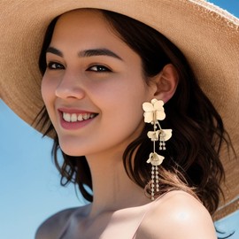 BriLove Crystal Statement Flower Dangle Earrings Unique Chic Long Tassel Enamel Boho Layered Floral Petal Drop Stud for Women Summer Refreshing Seaside Idyllic Holiday Clear Gold-Toned