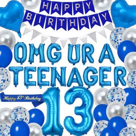 13th Birthday Decorations Thirteen Teenager Birthday OMG UR A Teenager Balloons 13th Birthday Teenager Sash Happy Birthday Banner for 13 Year Old Teen Boys Birthday Party Supplies (Blue)