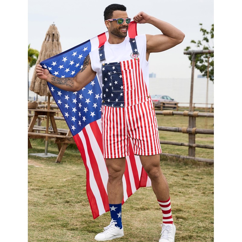 Bindefon American Flag Overalls Men,4th of July Cape,USA Sunglasses,Patriotic Socks,4