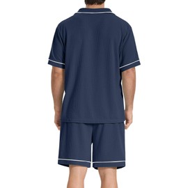 SIORO Mens Pajamas Set Short Sleeve Sleepwear Button Down Pjs Set Waffle Knit Loungewear Nightwear Shorts Set with Pockets Navy Blue